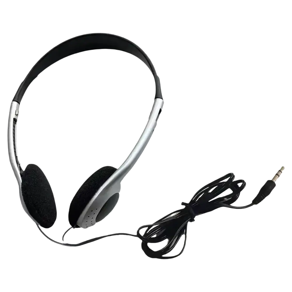 Retro wired over-ear headphones in silver and black with a coiled cable and 3.5mm audio jack connector