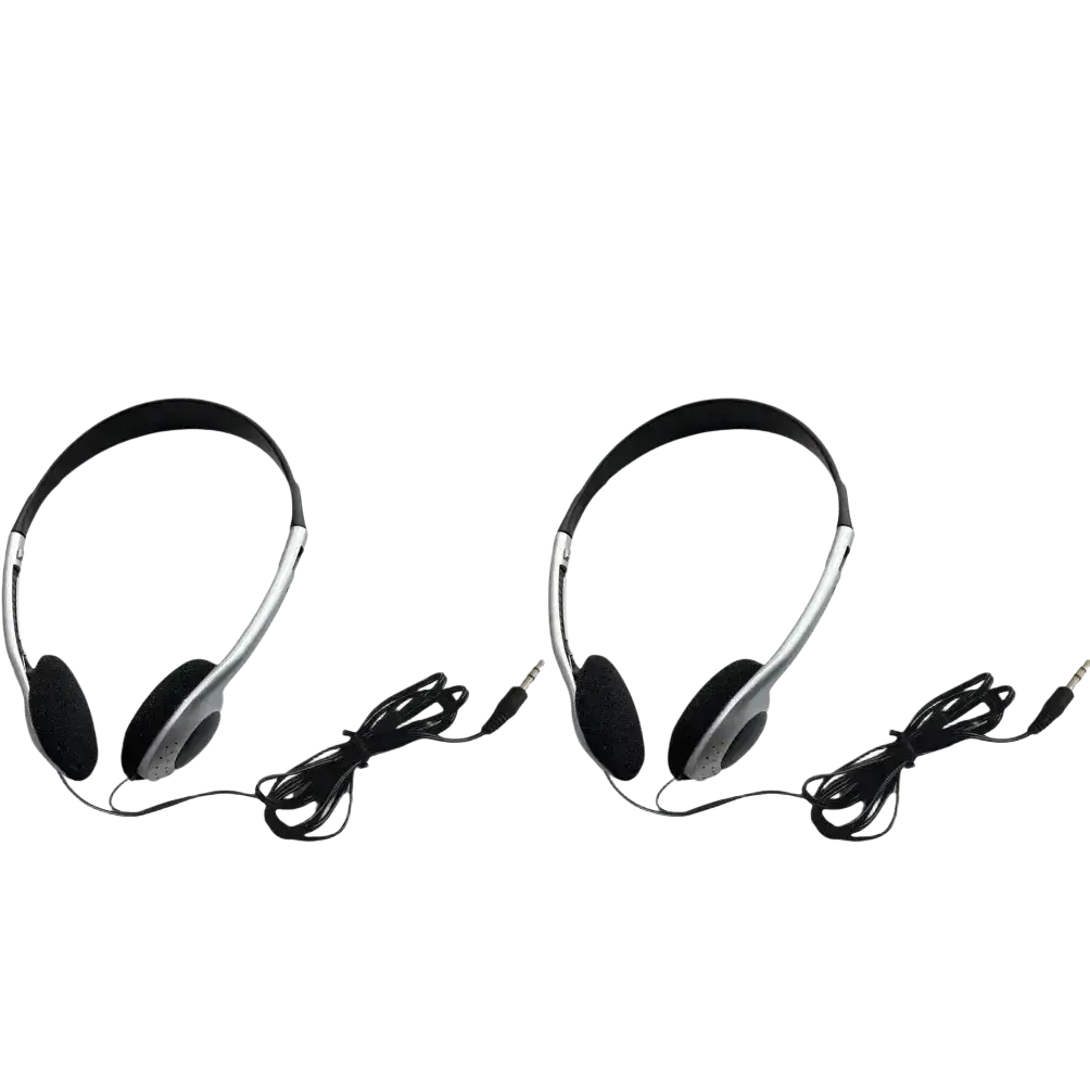 Silver wired over-ear headphones with black earcups and coiled audio cables for retro wired over-ear use