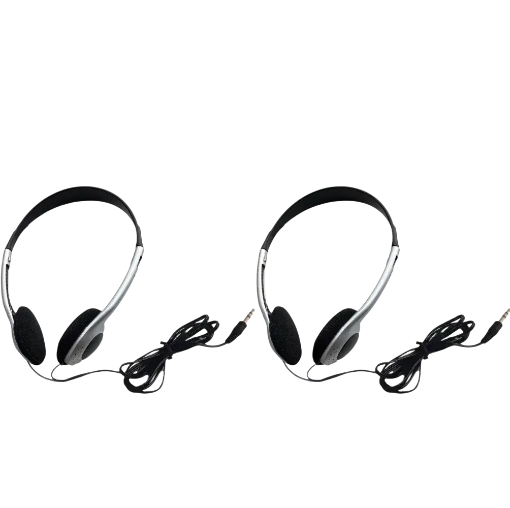 Retro wired over-ear headphones in silver and black with a coiled cable for classic audio listening
