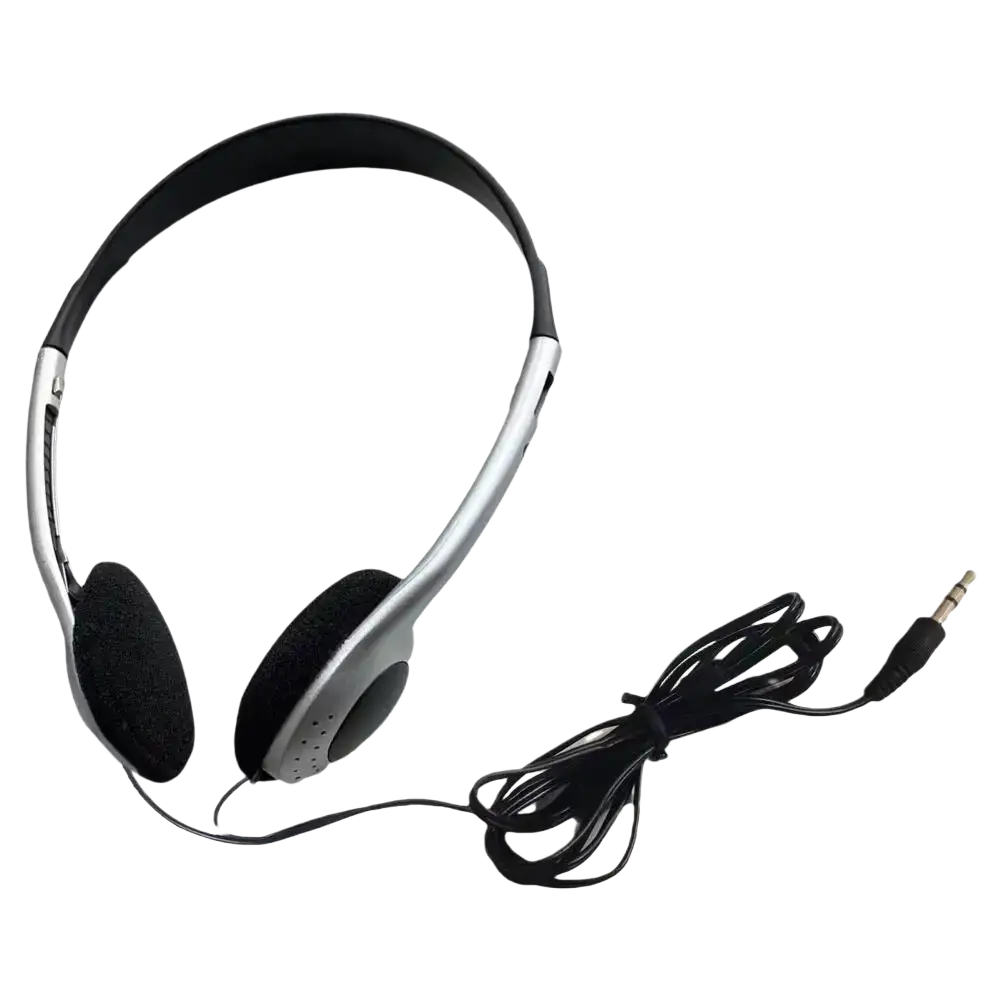 Silver and black retro wired over-ear headphones with a coiled audio cable designed for immersive audio listening