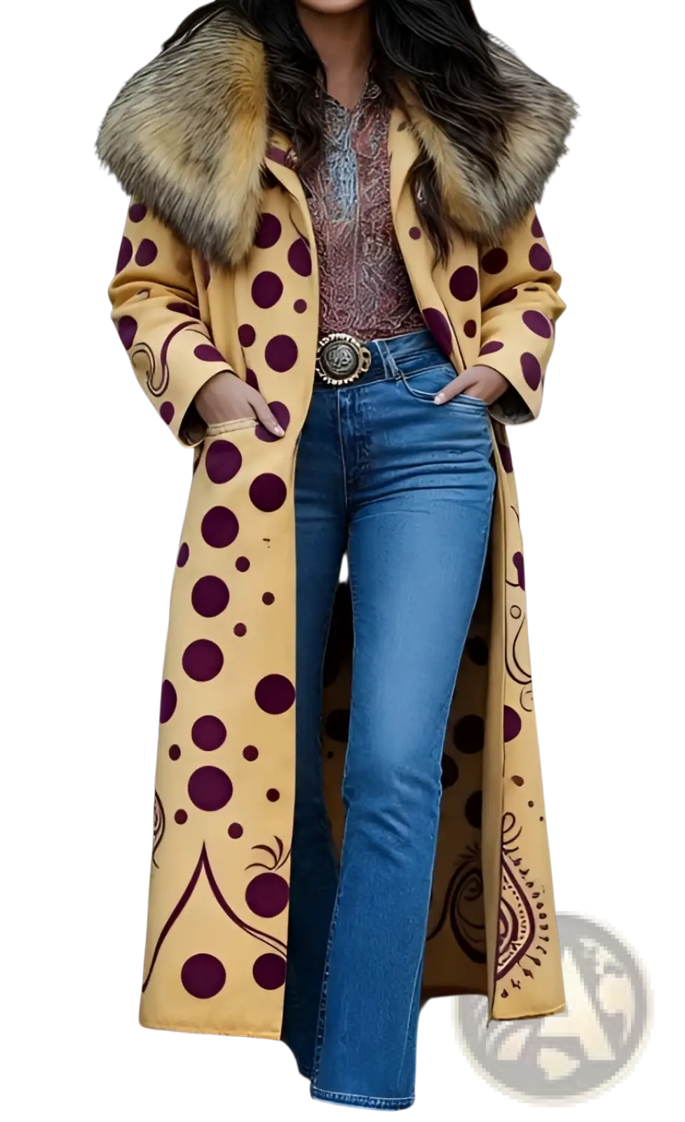 Retro women’s printed long coat in yellow with purple polka dots and a fur-lined hood shown from the back