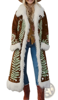Retro women’s shearling coat in brown suede with white fur trim and green fern embroidery accented by pearl beads