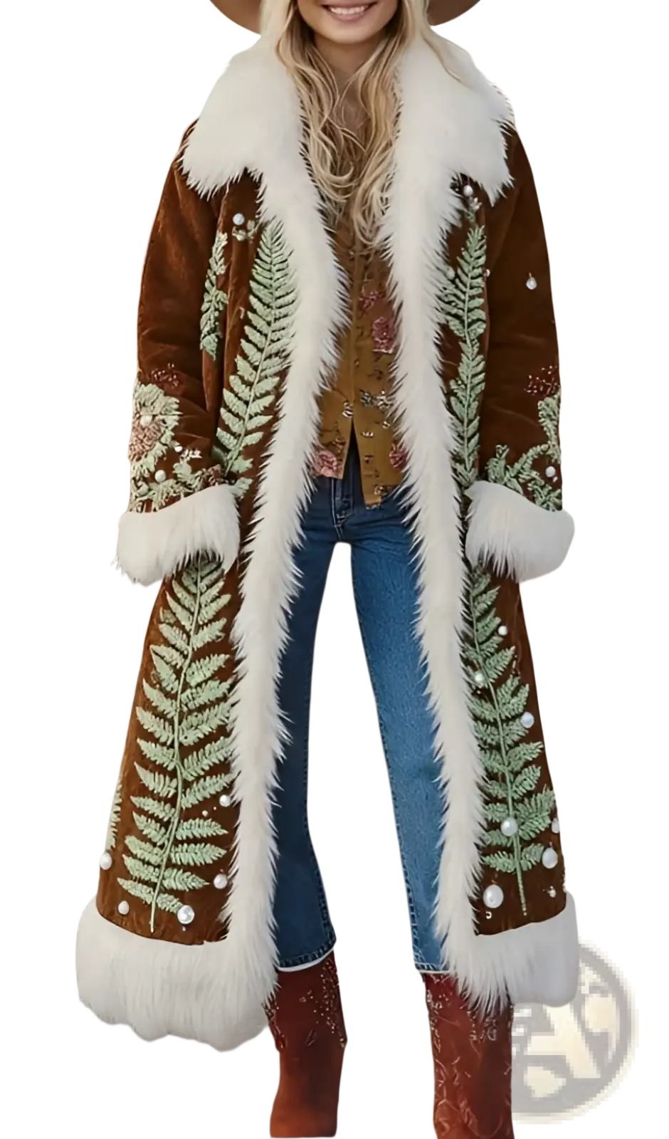 Retro women’s shearling coat in brown suede with white fur trim and green fern embroidery accented by pearl beads