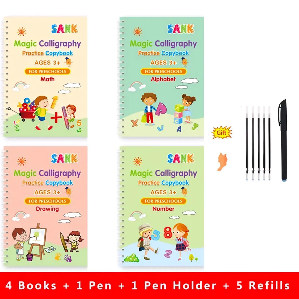 Set of four colorful reusable magic practice copybooks for kids featuring calligraphy and themed learning pages