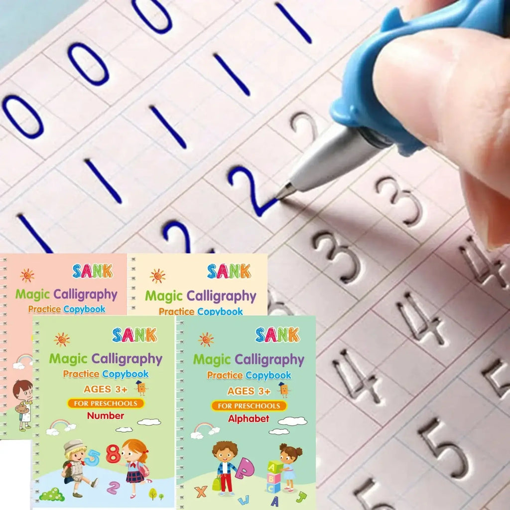 Blue-handled reusable magic practice copybook for kids calligraphy with colorful cartoon covers and labeled learning sections