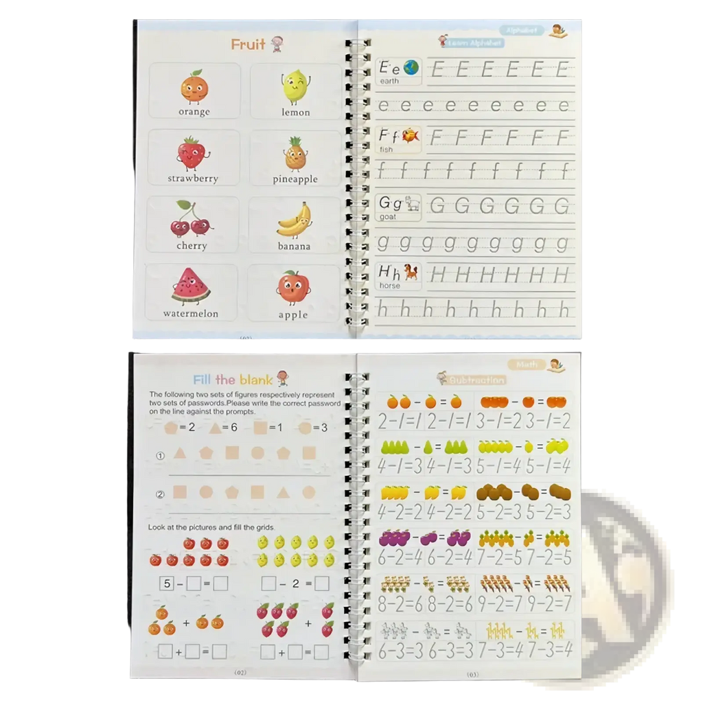 A reusable magic practice copybook for kids calligraphy featuring colorful fruit illustrations and letter tracing exercises