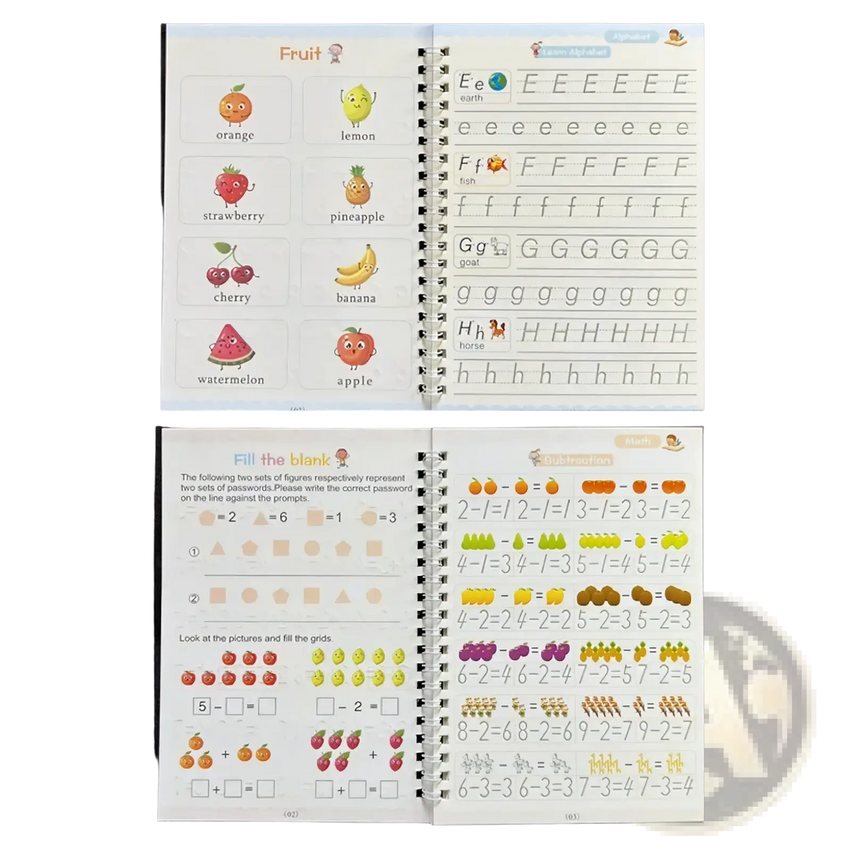 A reusable magic practice copybook for kids calligraphy featuring colorful fruit illustrations and letter tracing exercises