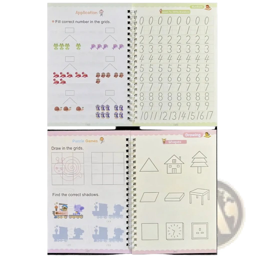 Children’s reusable magic practice copybook with colorful illustrations and numbered grids for calligraphy counting exercises
