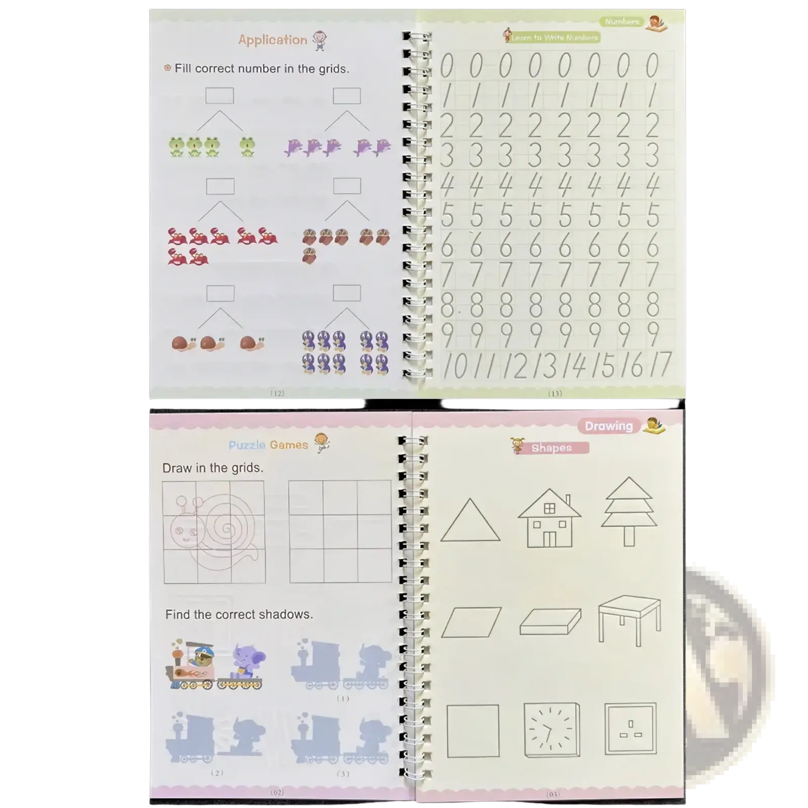 Children’s reusable magic practice copybook with colorful illustrations and numbered grids for calligraphy counting exercises