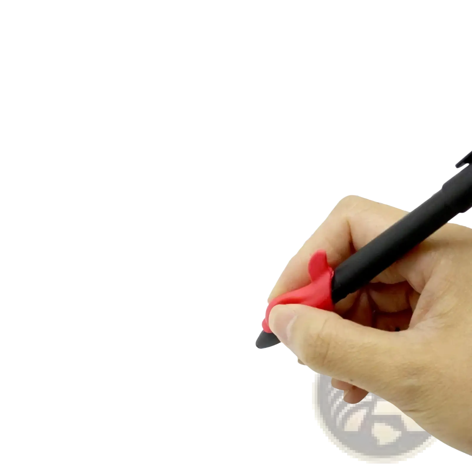 A hand holds a black pen with red grip writing letter g on a reusable magic practice copybook for kids calligraphy