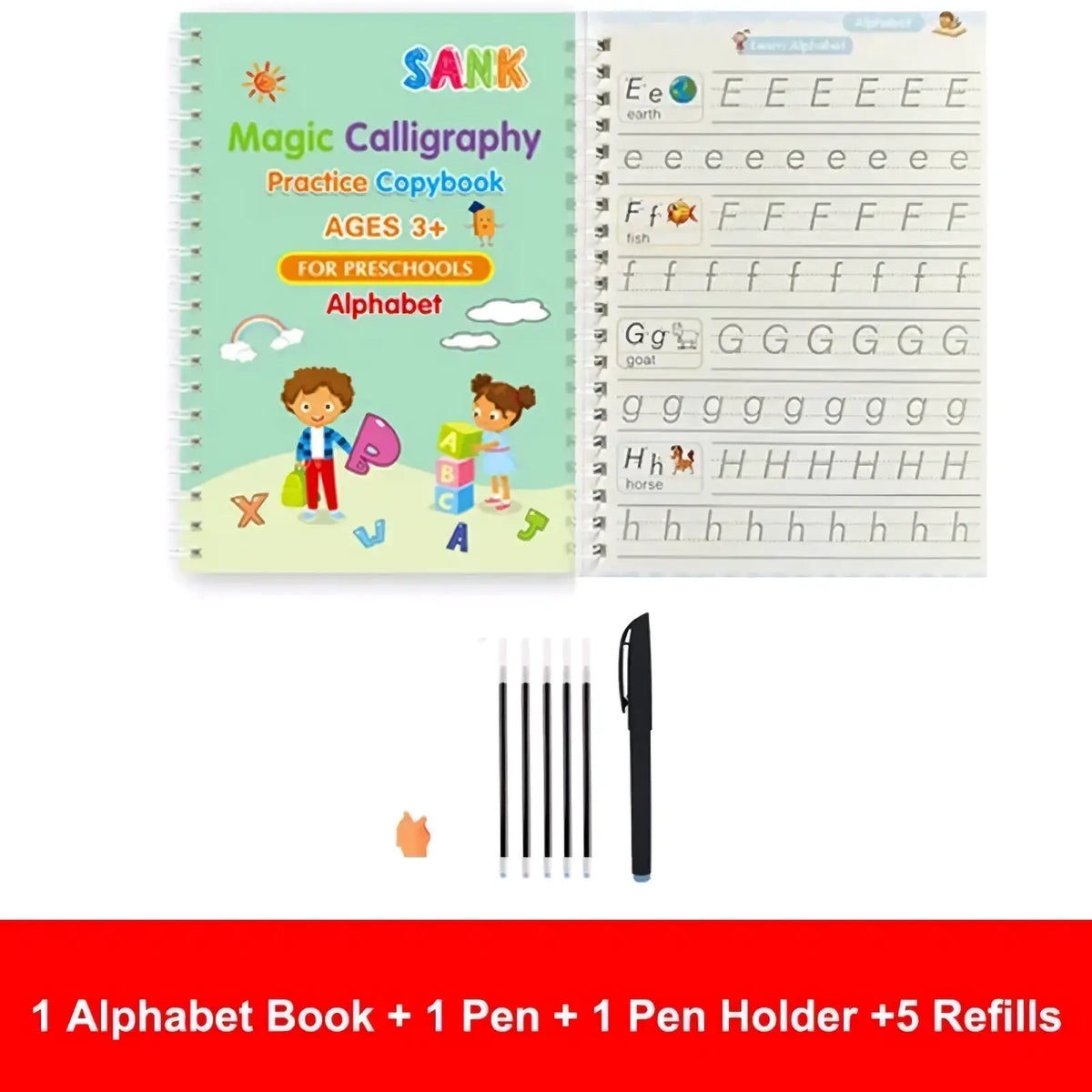 Light green spiral-bound reusable magic practice copybook for kids calligraphy with colorful cartoon characters and alphabet tracing pages