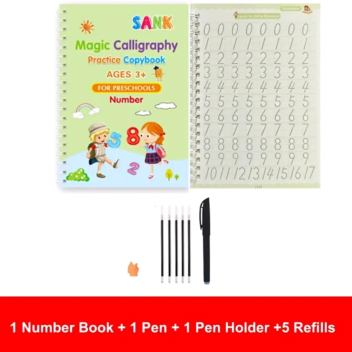 Light green spiral-bound reusable magic practice copybook for kids calligraphy with cartoon children and tracing grids