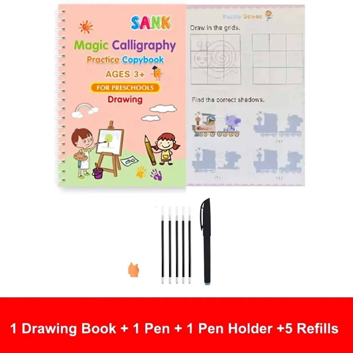 Pink spiral-bound reusable magic calligraphy practice copybook for kids with cartoon children and drawing activities