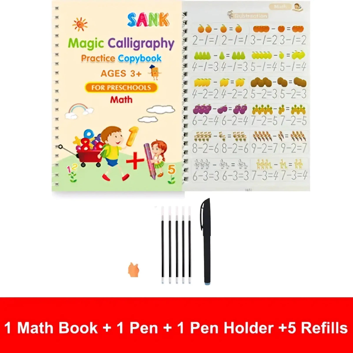 Sank magic calligraphy reusable practice copybook for kids with colorful illustrations and math exercises on spiral pages