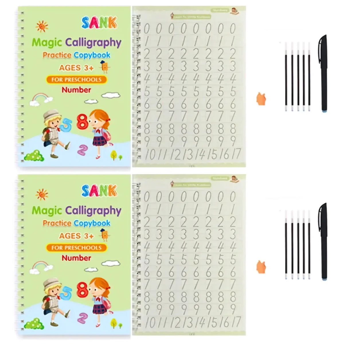 Sank magic reusable calligraphy practice copybook for kids with colorful cartoons and numbered tracing on light green cover