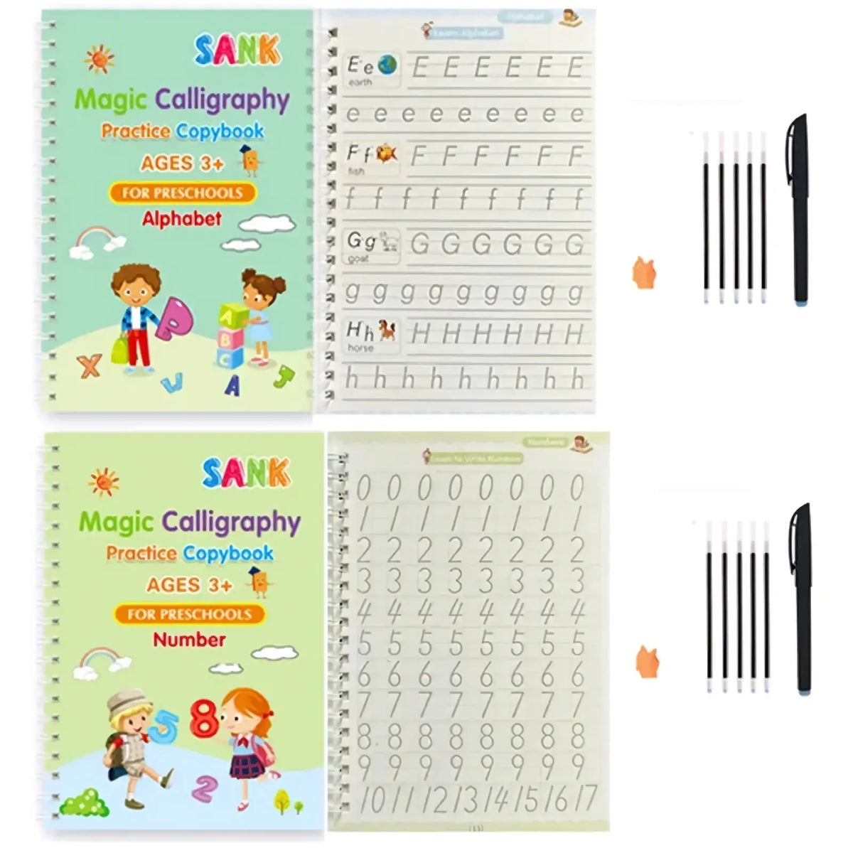 Image of sank magic reusable practice copybook for kids calligraphy with colorful cartoon illustrations and lined tracing pages