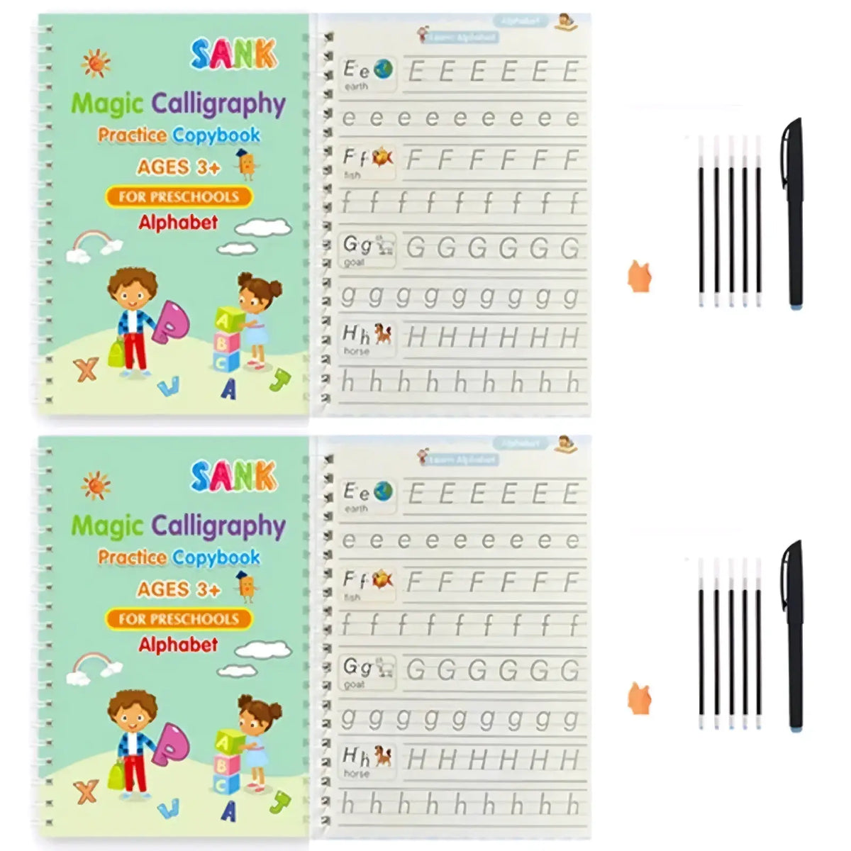 Sank reusable magic practice copybook for kids featuring colorful cartoon illustrations and dotted letter tracing pages