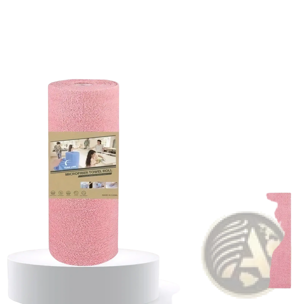 Reusable pink microfiber kitchen towel roll neatly packaged with label showing 20x20 inch dimensions