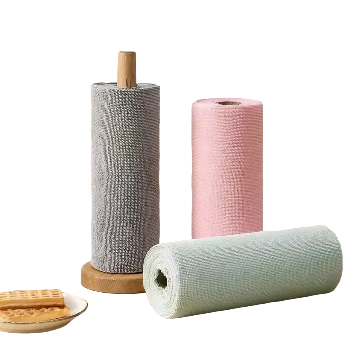 Gray reusable microfiber kitchen towel rolls with textured fabric on wooden holders for eco-friendly cleaning use