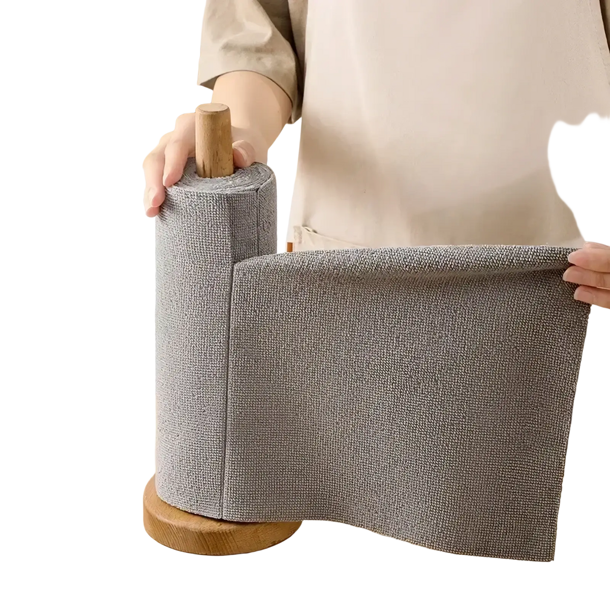 Reusable microfiber kitchen towel roll featuring gray textured fabric with a wooden handle and base for durability