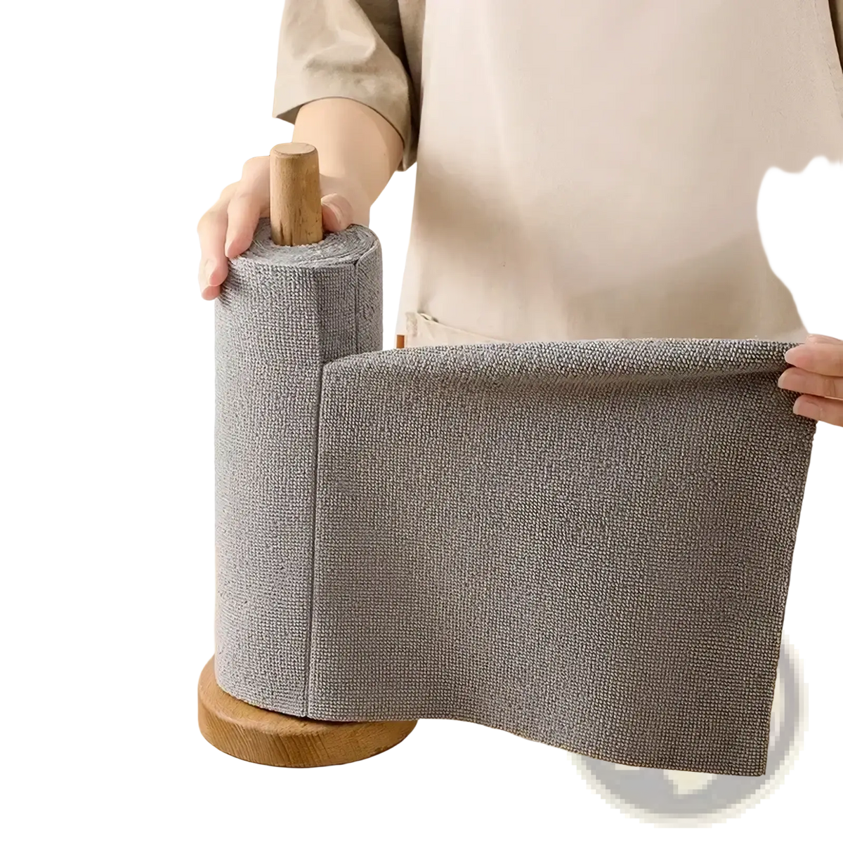 Reusable microfiber kitchen towel roll featuring gray textured fabric with a wooden handle and base for durability
