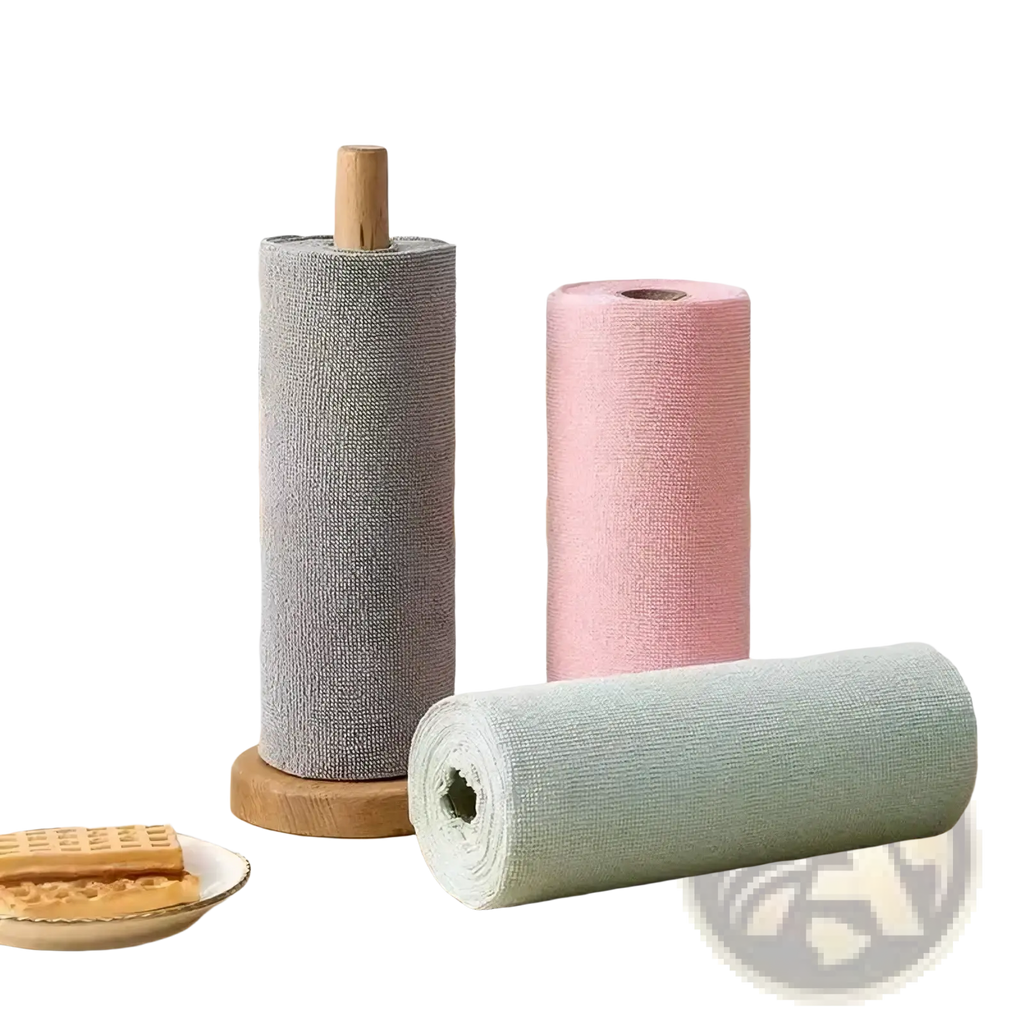 Gray reusable microfiber kitchen towel rolls with textured fabric on wooden holders for eco-friendly cleaning use