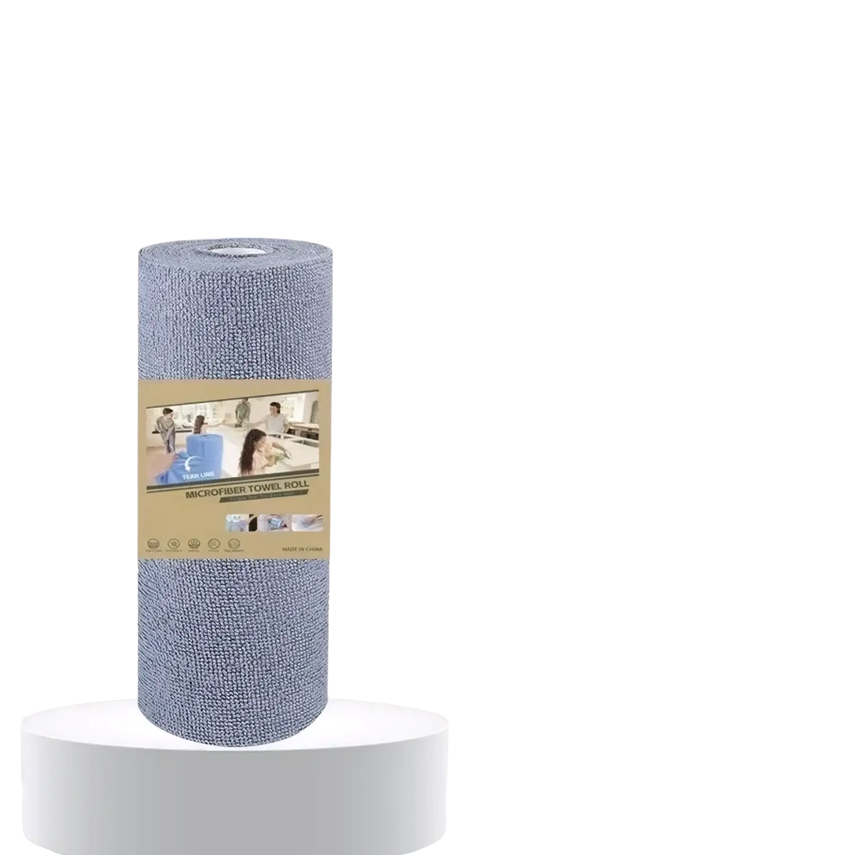 Reusable microfiber kitchen towel roll in lavender color made of soft absorbent microfiber neatly wrapped on white pedestal