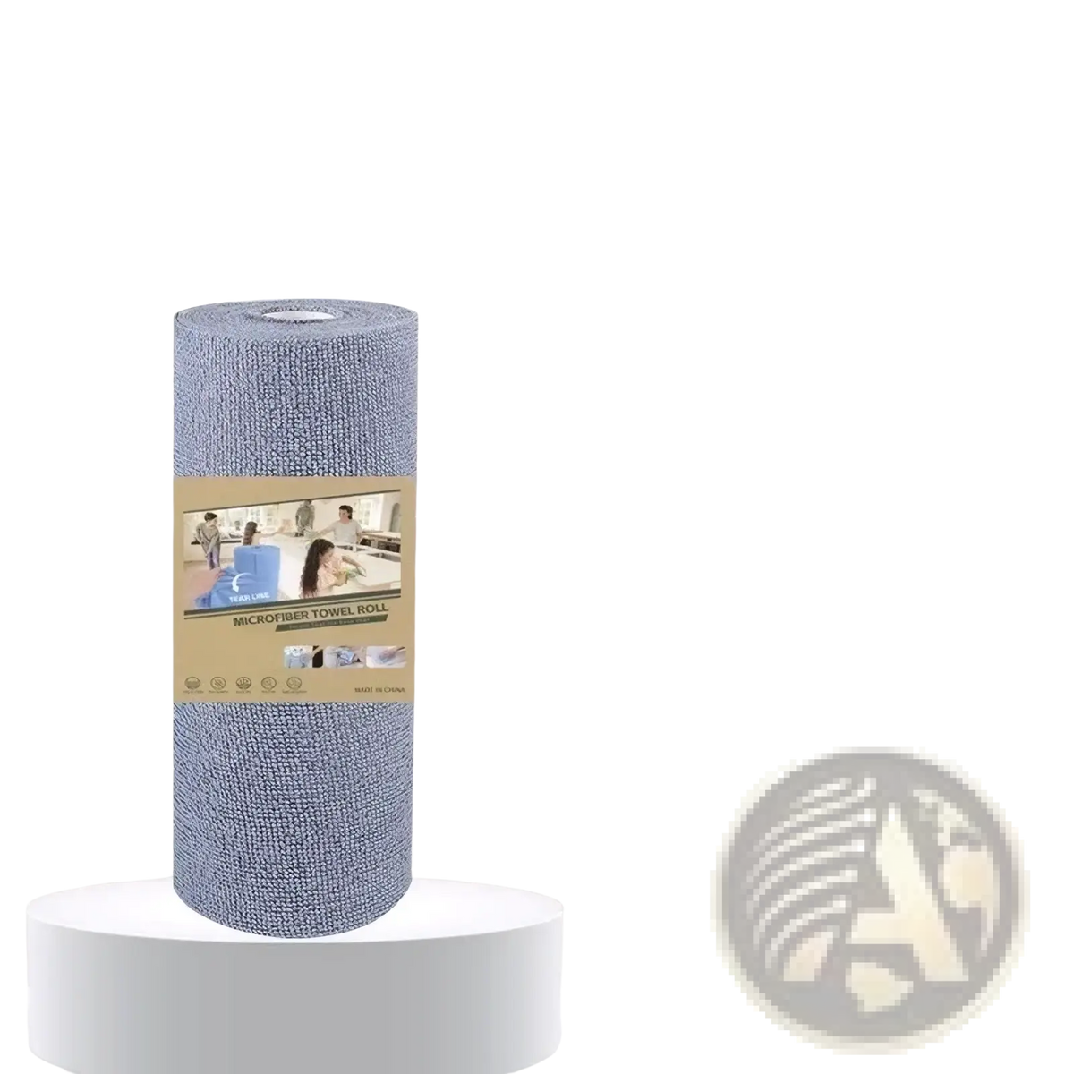 A light blue reusable microfiber kitchen towel roll neatly wrapped and displayed on a white pedestal