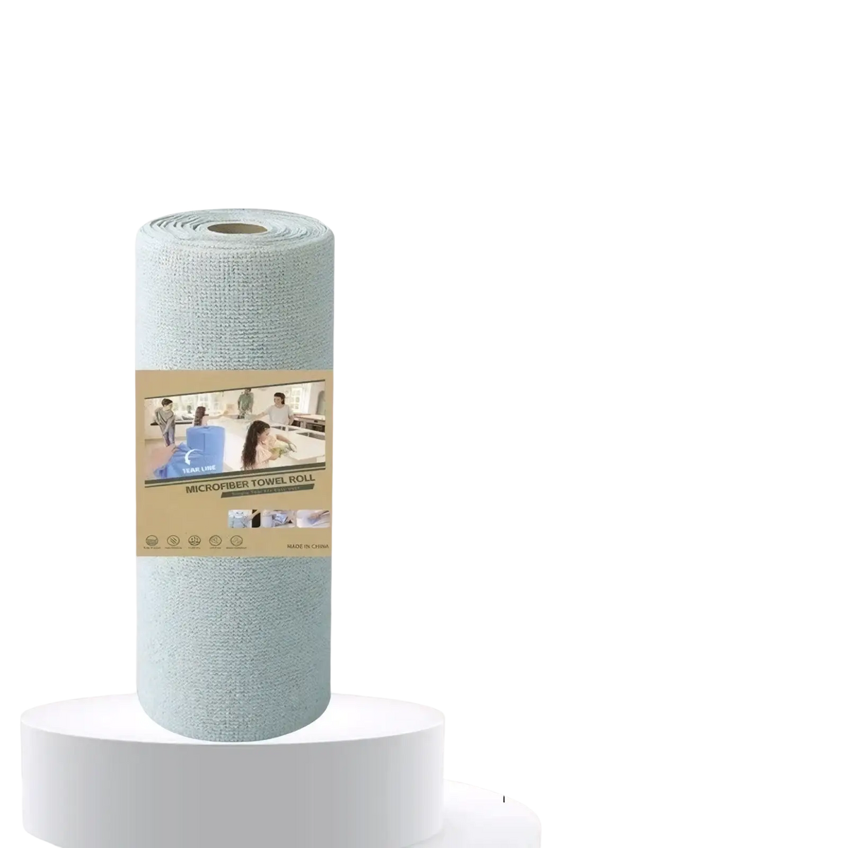 Reusable microfiber kitchen towel roll in light blue microfiber, neatly wound with dimensions 20 by 20 on a white pedestal