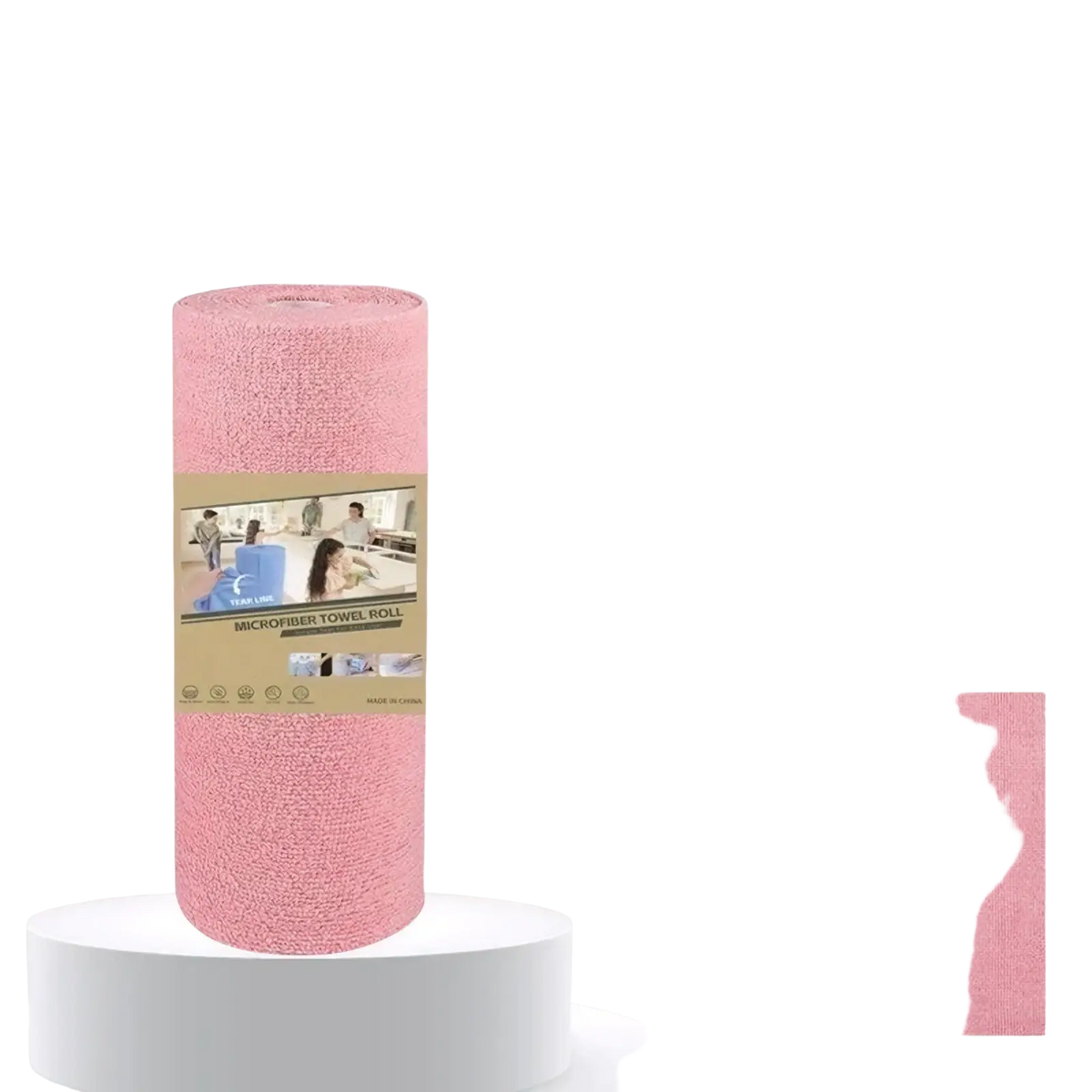 Reusable pink microfiber kitchen towel roll neatly packaged with label showing 20x20 inch dimensions