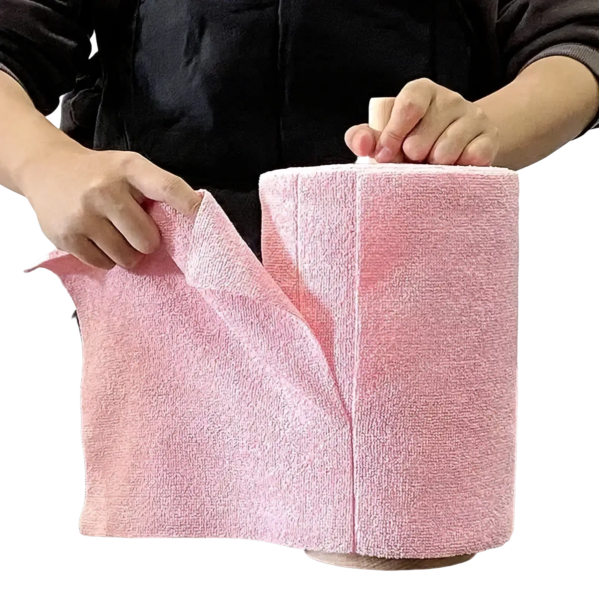 Pink reusable microfiber kitchen towel roll made of soft microfiber fabric wrapped around a wooden cylinder