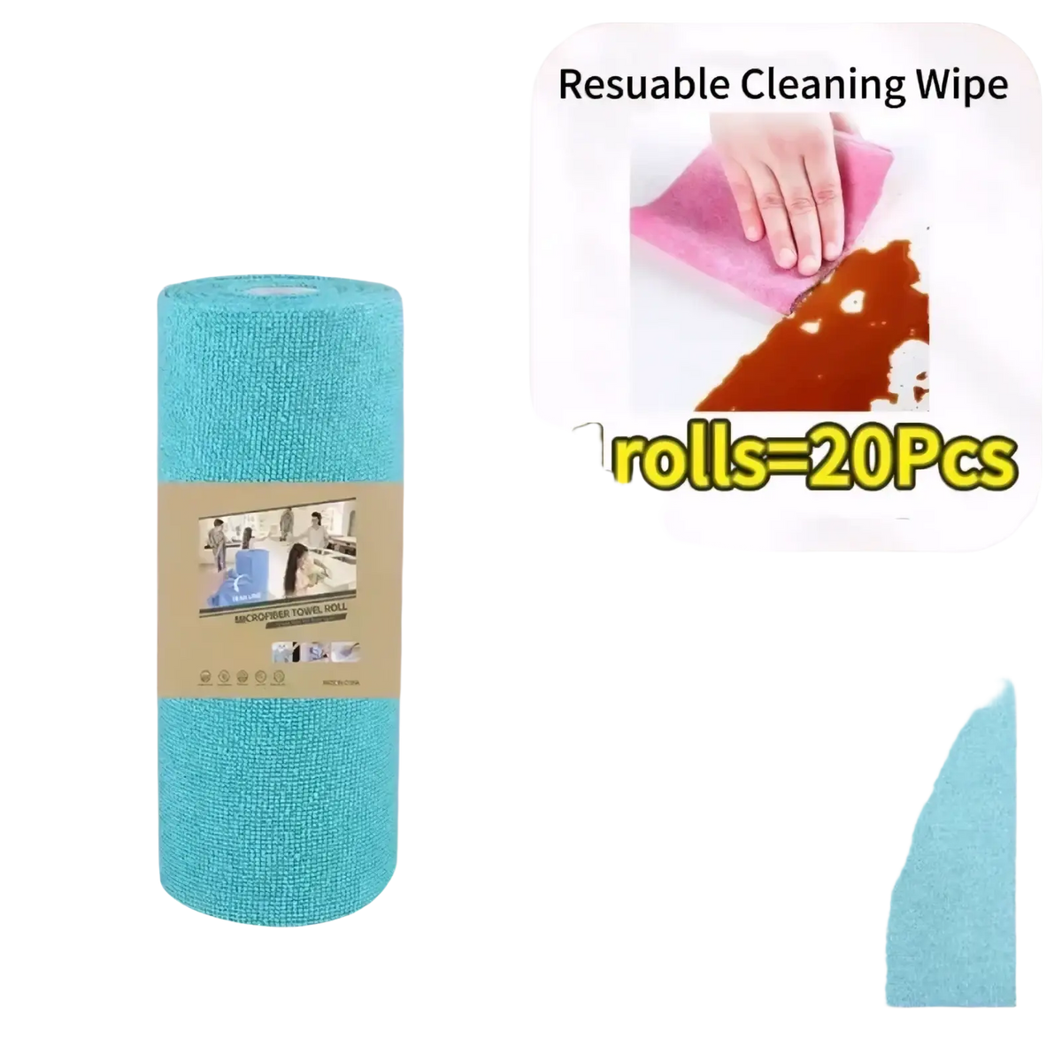 Reusable microfiber kitchen towel roll in turquoise microfiber with beige label designed for surface cleaning