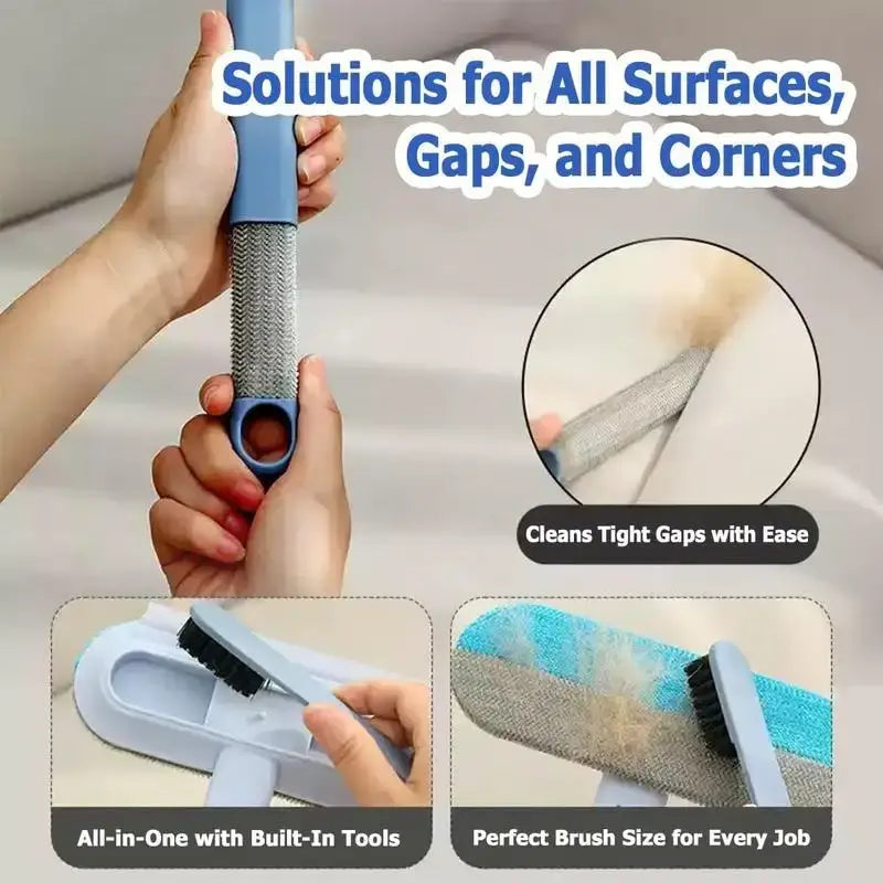 Reusable blue and gray pet hair remover with textured grip, detachable brush head, and microfiber surface for furniture and carpets
