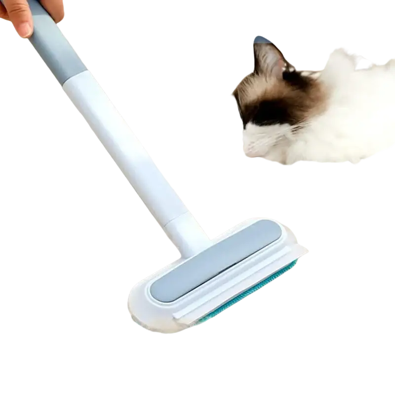 Light blue and white handheld reusable pet hair remover with soft bristles for battery-free cleaning of furniture and carpets