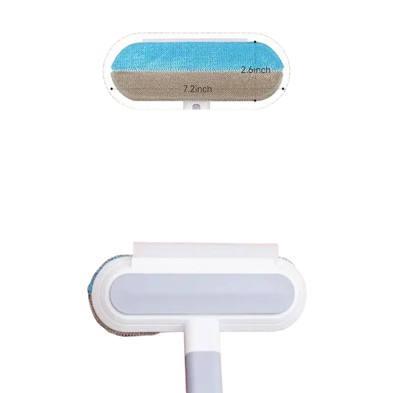 White and blue reusable pet hair remover brush with wide oval head for efficient grooming on furniture and carpets