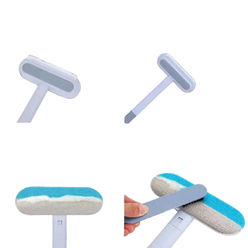 Reusable white and blue pet hair remover with soft brush head for efficient pet hair removal on furniture and carpets