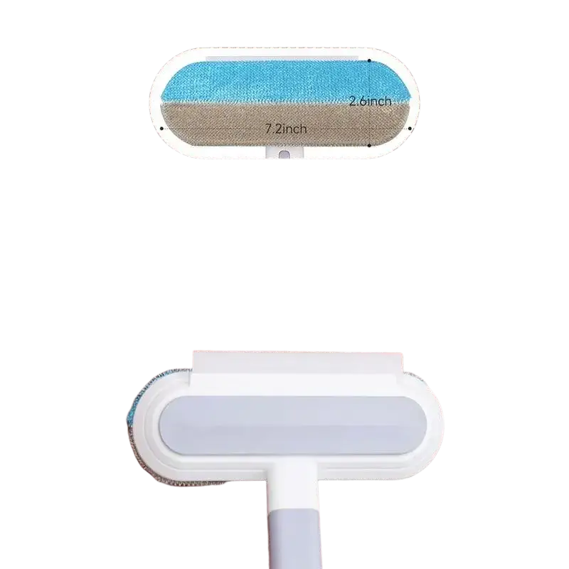 White and blue dual-sided reusable pet hair remover brush with 7.2-inch grooming head for carpets and furniture