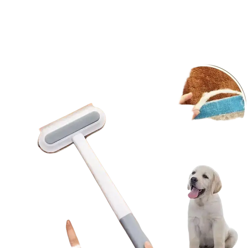 Reusable white and gray pet hair remover brush with long handle and dual-sided bristle head for furniture and carpets