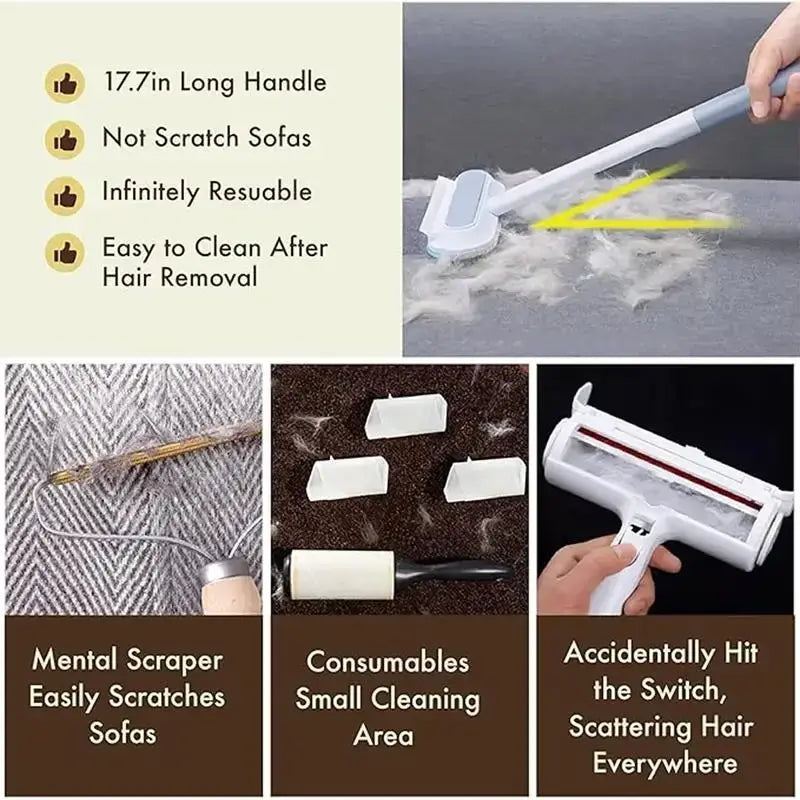 White plastic reusable pet hair remover roller with long handle and adhesive surface for pet hair on furniture and carpets