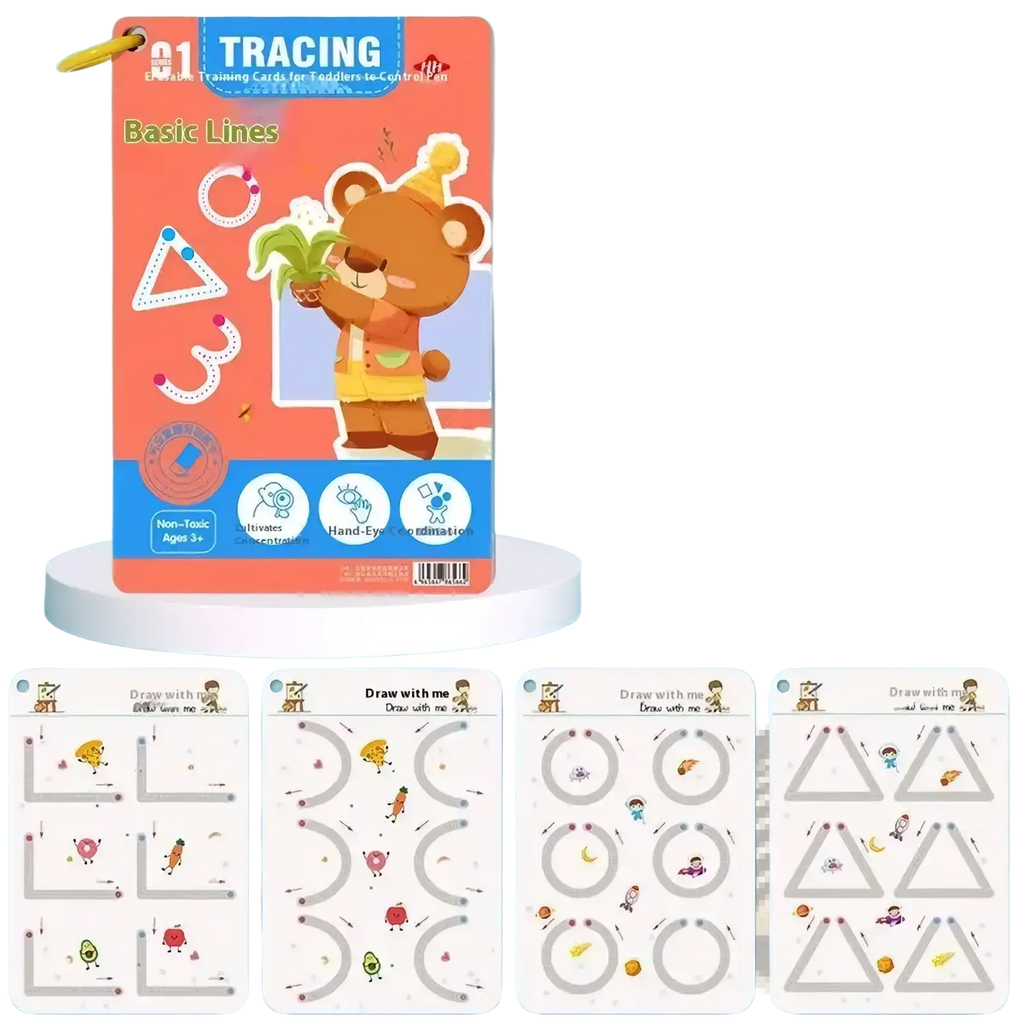 Bright orange and blue reusable tracing workbook for kids with a cartoon bear and 32 tracing pages for coordination