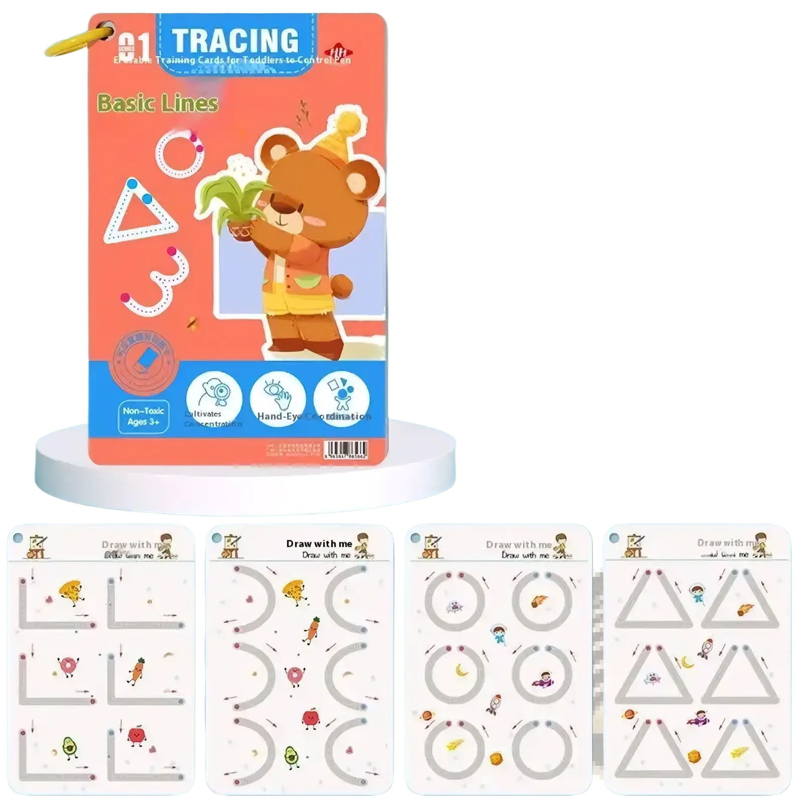 Bright orange and blue reusable tracing workbook for kids with a cartoon bear and 32 tracing pages for coordination
