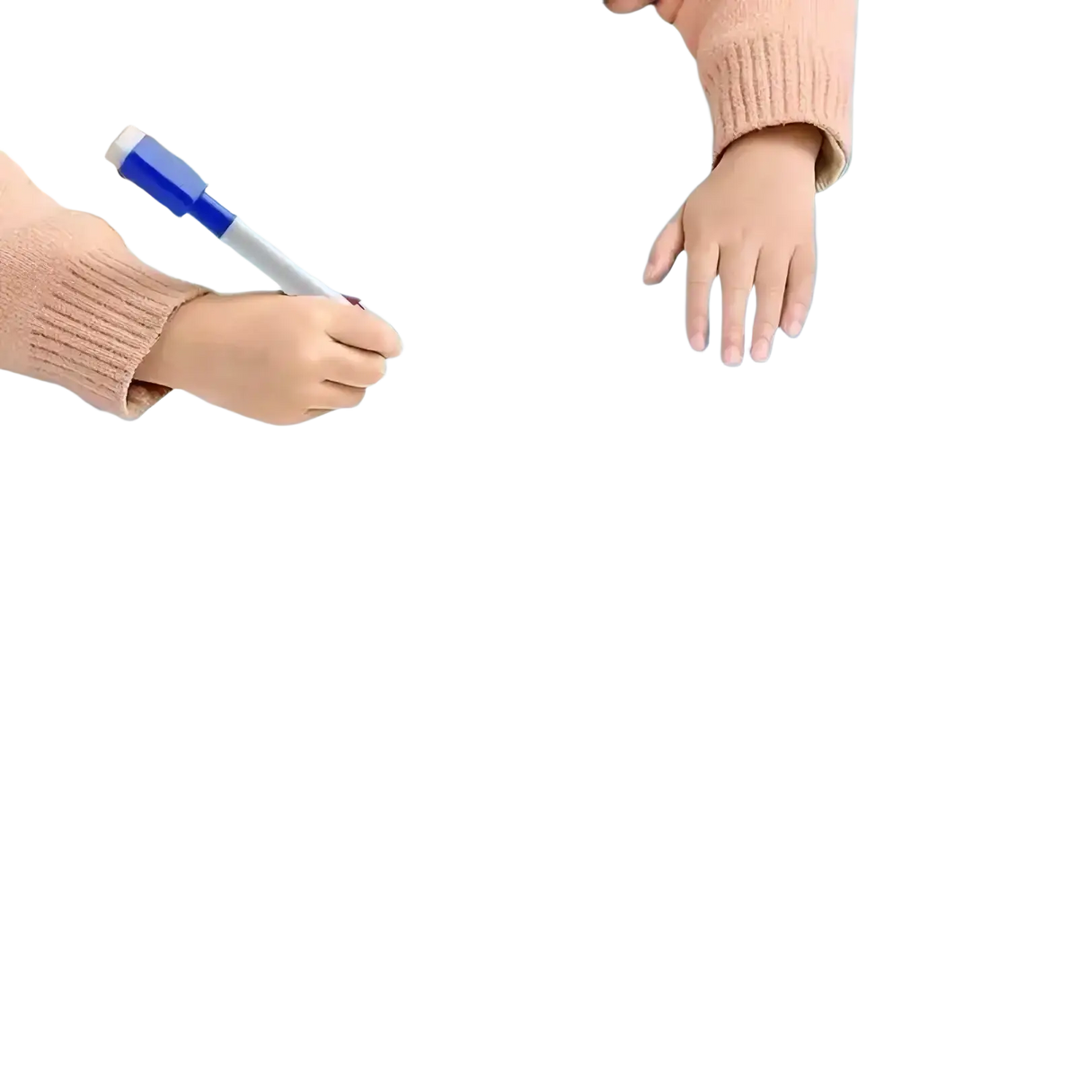 A blue marker with a white grip and cap held in a hand wearing a beige ribbed sweater for reusable tracing workbook for kids