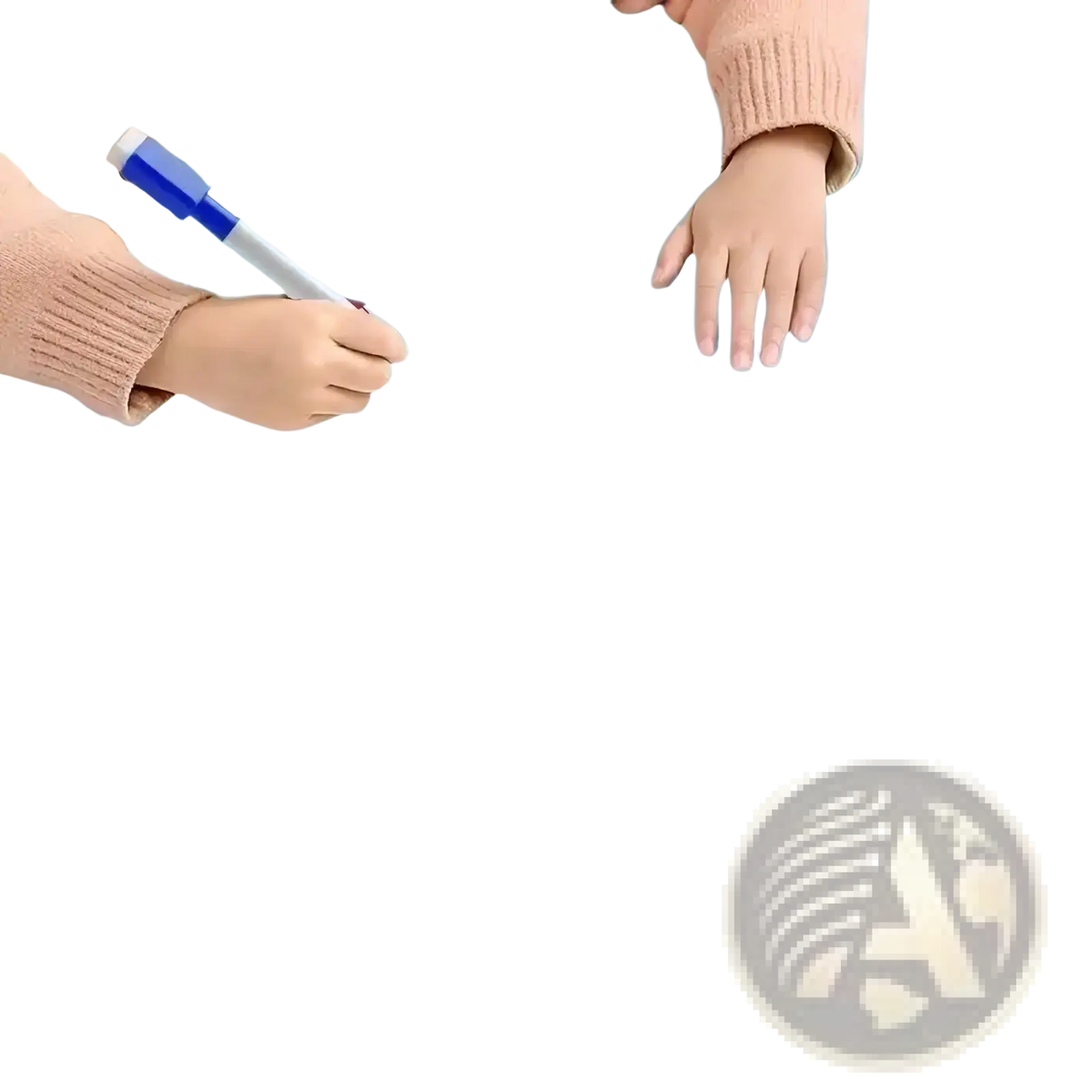 A blue marker with a white grip and cap held in a hand wearing a beige ribbed sweater for reusable tracing workbook for kids