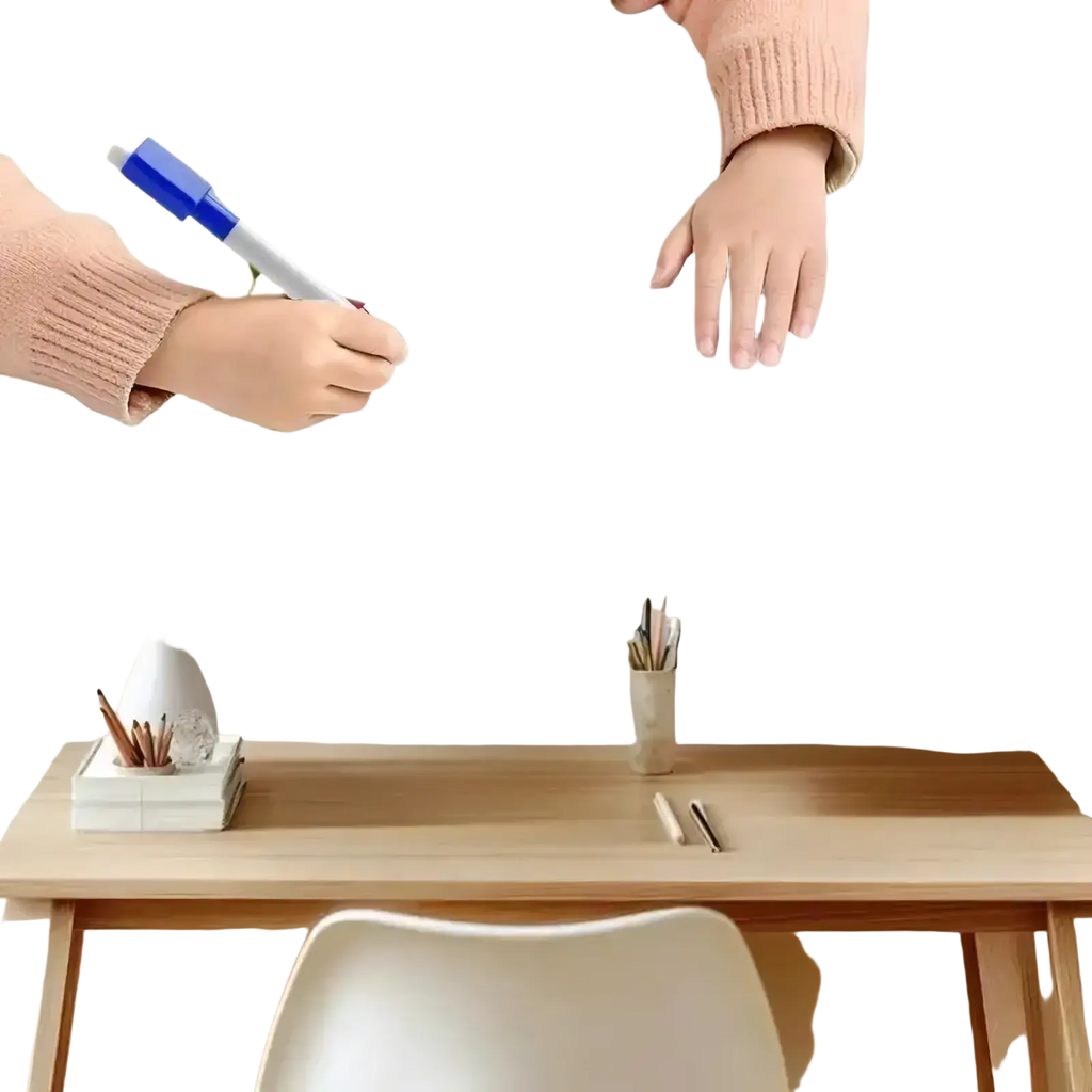 A blue and white dry-erase marker held by a hand in a pink sweater for reusable tracing workbook for kids