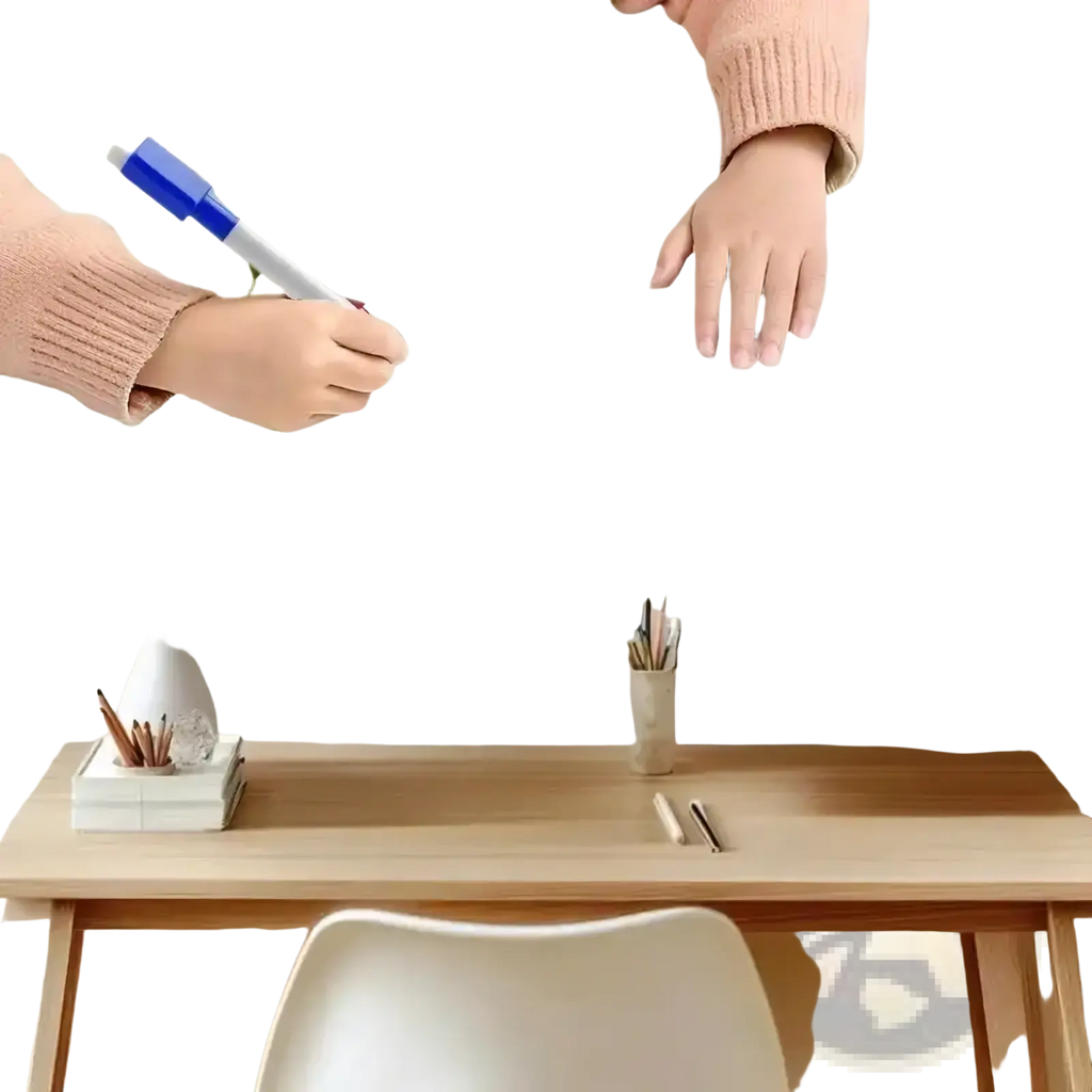 A blue and white dry-erase marker held by a hand in a pink sweater for reusable tracing workbook for kids