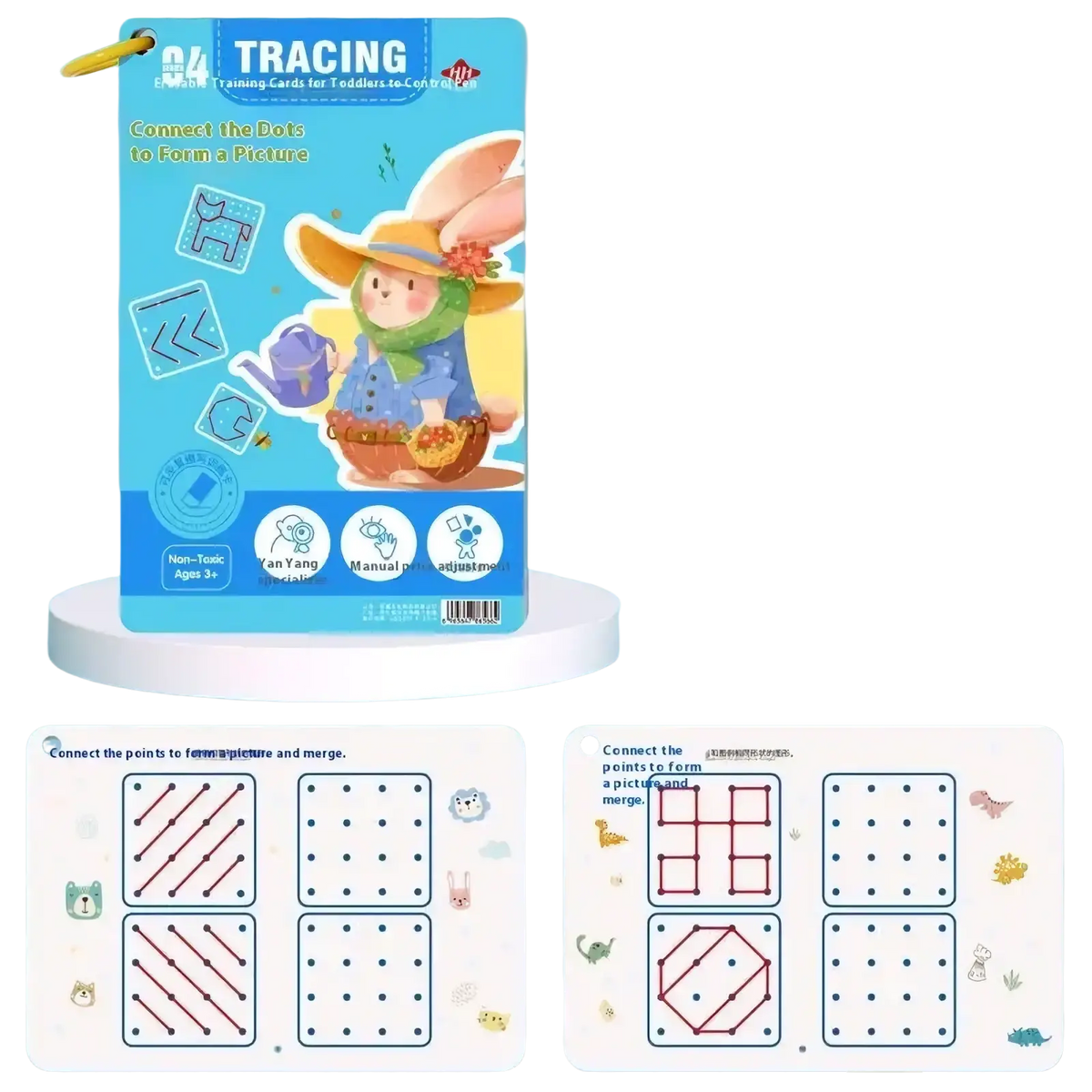 Blue and white reusable tracing workbook for kids featuring a cartoon bunny with a hat and watering can