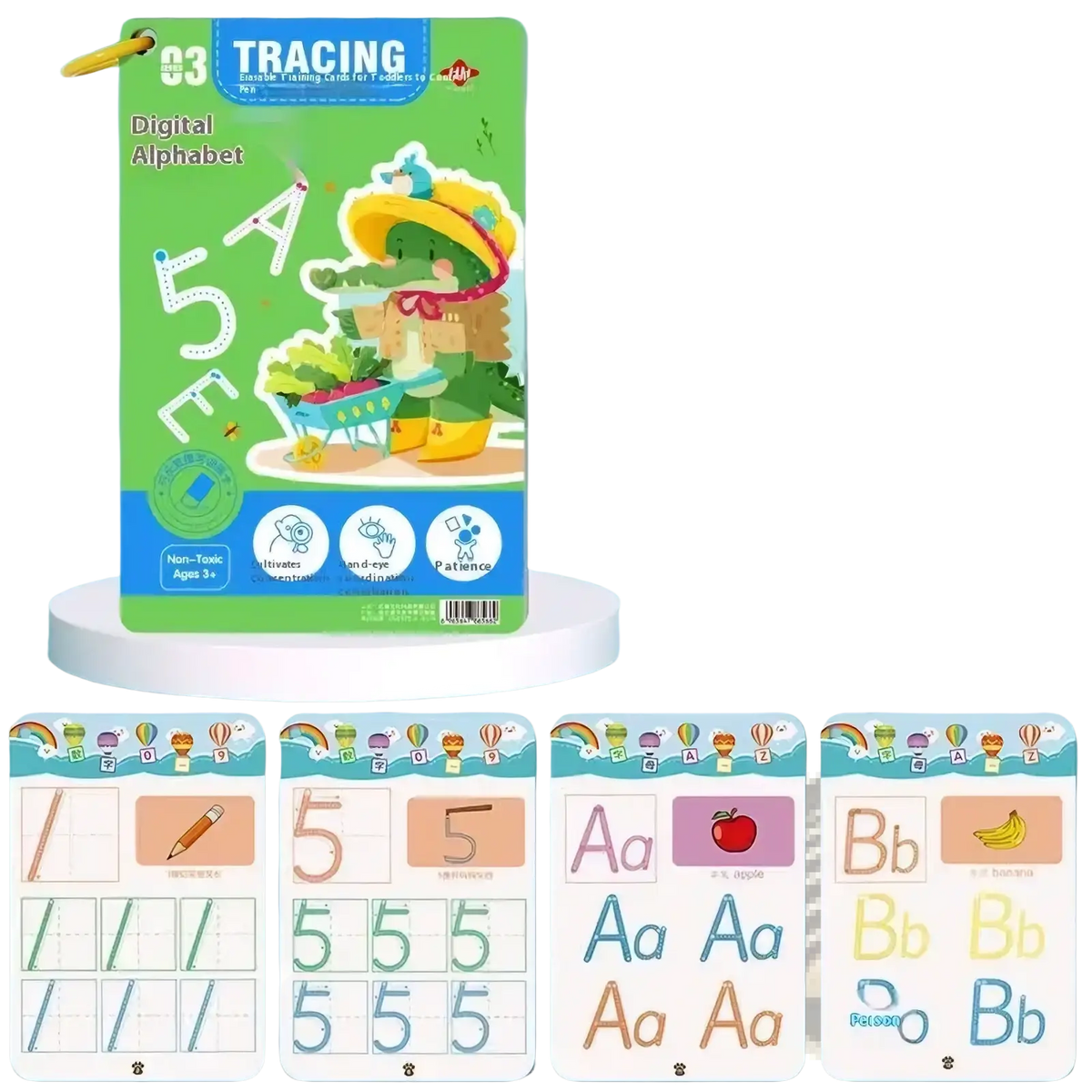 Reusable green digital tracing workbook for kids featuring a cartoon crocodile with colorful letter and number pages