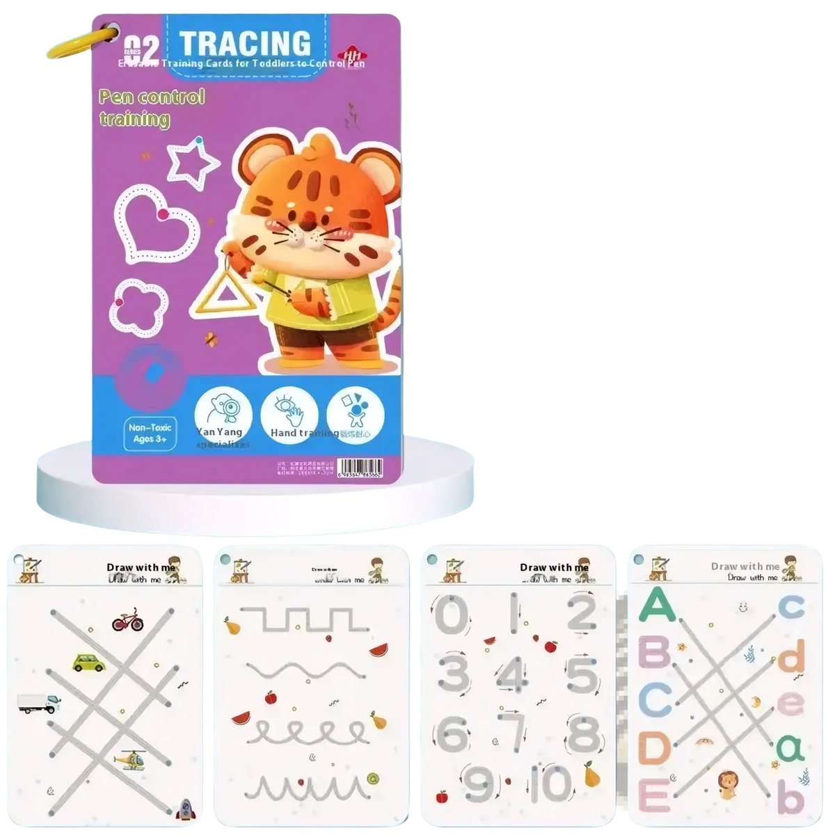 Purple and blue reusable tracing workbook for kids with 32 pages of pen control activities featuring a cartoon tiger