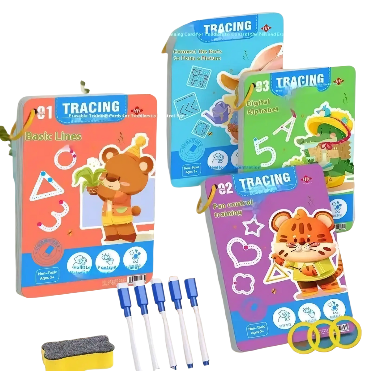 Set of colorful reusable tracing workbooks for kids featuring cartoon animal characters and matching pens for activities