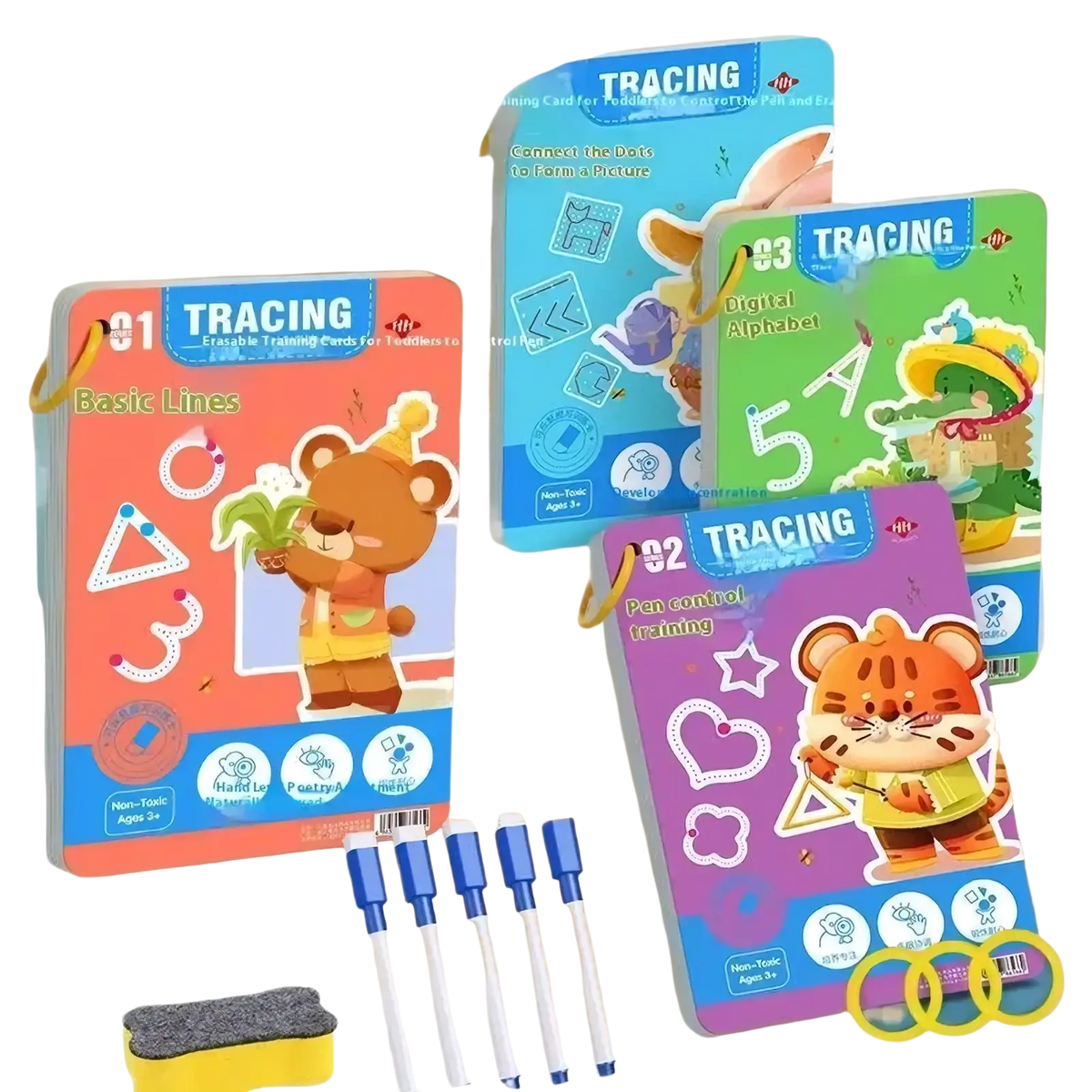 Set of colorful reusable tracing workbooks for kids with cartoon animal characters and matching pens erasers and rings